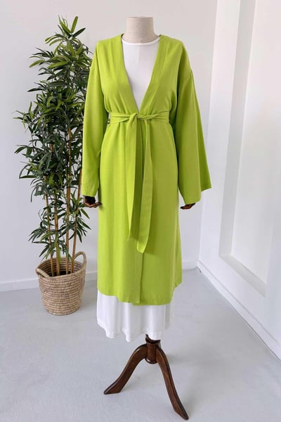 Uzun Kuşaklı Keten Kimono - Açık Yeşil
