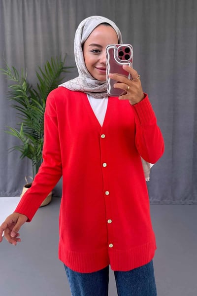 V Yaka Yandan Yırtmaçlı Merserize Hırka - Kırmızı