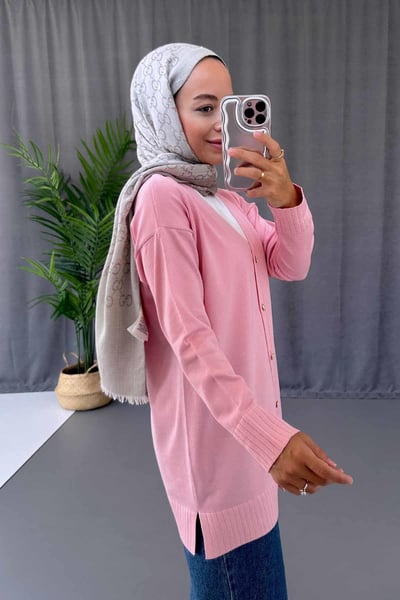 V Yaka Yandan Yırtmaçlı Merserize Hırka - Pembe