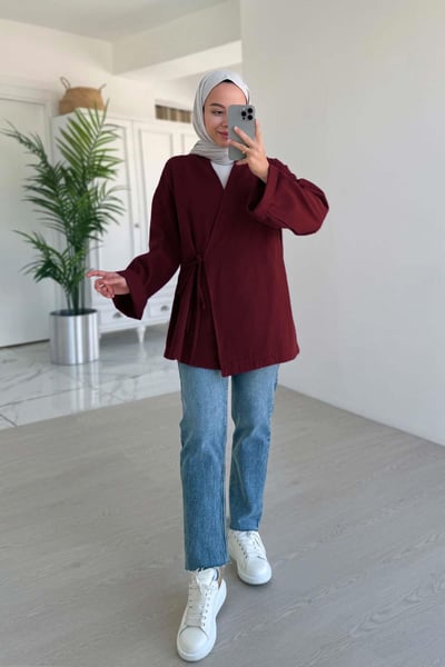 Yandan Bağlamalı Keten Kimono - Bordo