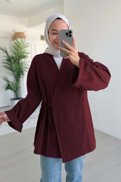 Yandan Bağlamalı Keten Kimono - Bordo