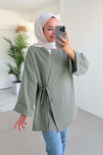 Yandan Bağlamalı Keten Kimono - Mint Yeşil
