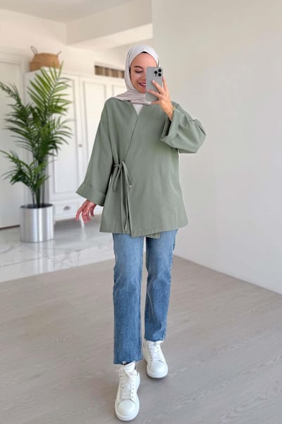 Yandan Bağlamalı Keten Kimono - Mint Yeşil
