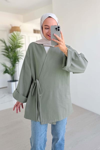 Yandan Bağlamalı Keten Kimono - Mint Yeşil