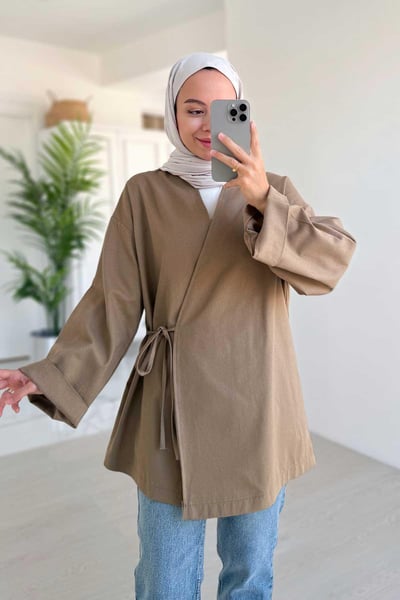 Yandan Bağlamalı Keten Kimono - Vizon