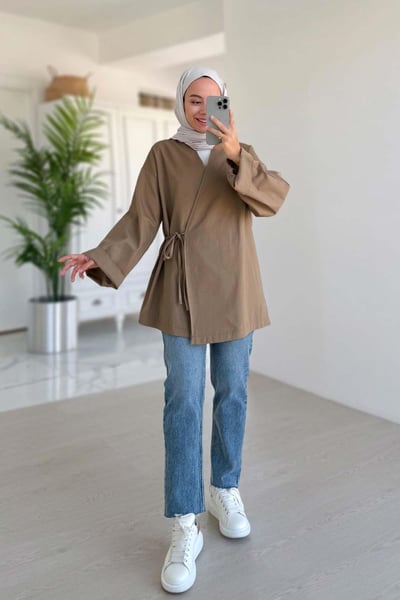 Yandan Bağlamalı Keten Kimono - Vizon