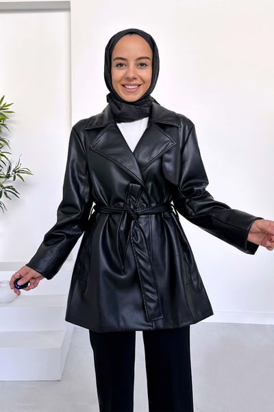 Yandan Cepli Kuşaklı Deri Ceket - Siyah
