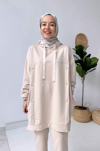 Yıldız İki İplik Kapüşonlu Takım - Bej