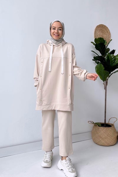 Yıldız İki İplik Kapüşonlu Takım - Bej