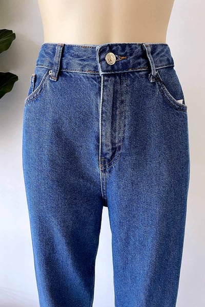 Yüksek Bel Düz Mom Jean - Lacivert