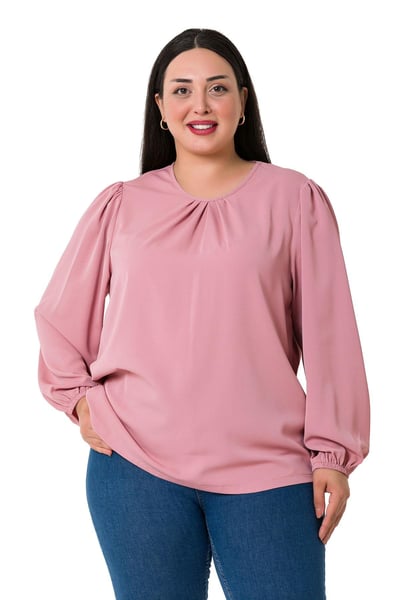 Plus Size Elastic Cuff Pleated Collar Rose Blouse