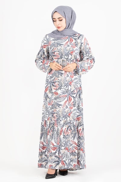 Palm Pattern Coating Viscose Belted Dress-Grey