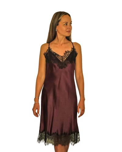  Dantelli İpek Slip Elbise (Şarap Rengi)
