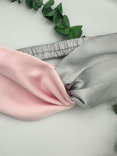 Gümüş Gri Pembe Çift Renkli Saf İpek Saç Bandı 