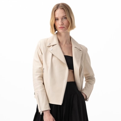 Adsilla Krem Kadın Deri Biker Ceket