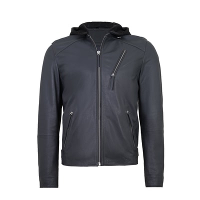 Aimone Gri Erkek Kapüşonlu Deri Ceket