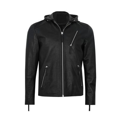 Aimone Siyah Erkek Kapüşonlu Deri Ceket