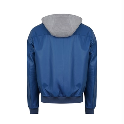 Also Mavi Erkek Kapüşonlu Deri Mont