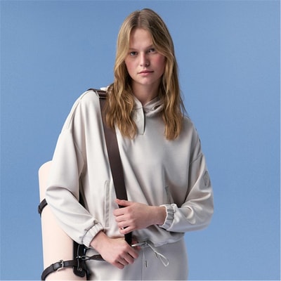 Amari Bej Kadın Deri Detaylı Kapüşonlu Sweatshirt