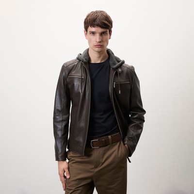 Analu Koyu Kahve Erkek Kapüşonlu Deri Mont