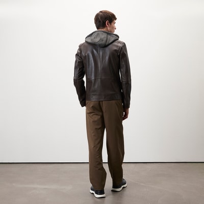 Analu Koyu Kahve Erkek Kapüşonlu Deri Mont