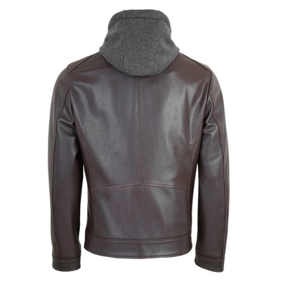 Analu Koyu Kahve Erkek Kapüşonlu Deri Mont