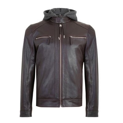 Analu Koyu Kahve Erkek Kapüşonlu Deri Mont