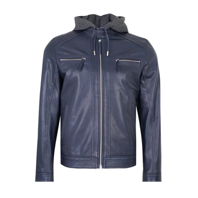 Analu Mavi Erkek Kapüşonlu Deri Mont