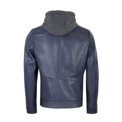 Analu Mavi Erkek Kapüşonlu Deri Mont