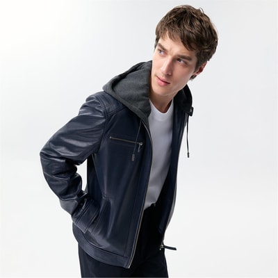 Analu Mavi Erkek Kapüşonlu Deri Mont