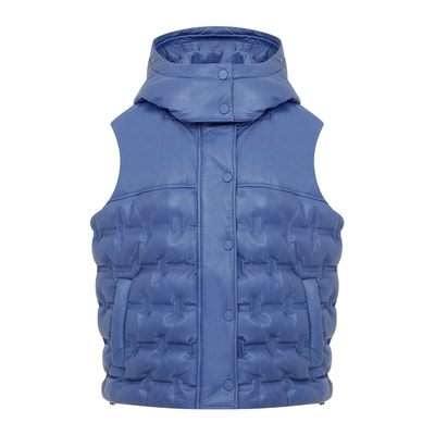 Anitra Mavi Kadın Kapüşonlu Puffer Deri Yelek