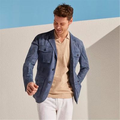 Antonin Mavi Erkek Süet Safari Deri Ceket