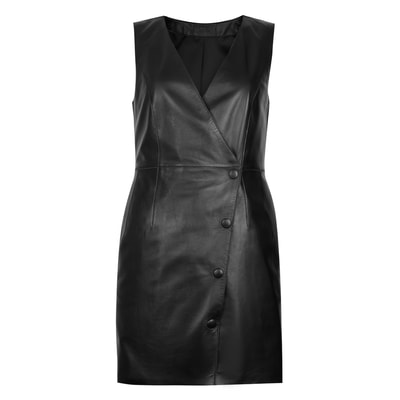 Arnola Siyah Kadın Kruvaze Deri Elbise