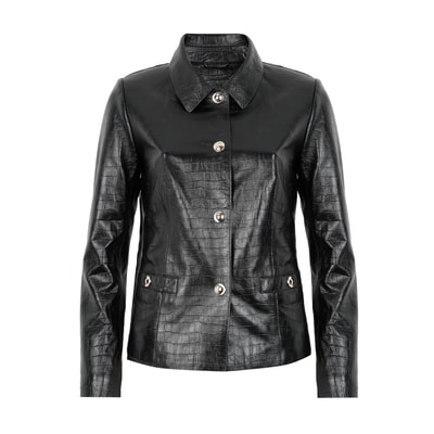 Ayita Siyah Kadın Kroko Baskılı Deri Ceket