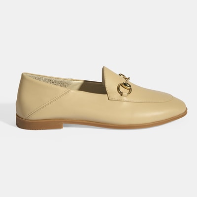 Bej Kadın Toka Aksesuarlı Deri Loafer