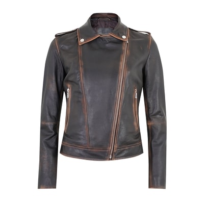 Benvolio Kahve Kadın Vintage Biker Deri Ceket