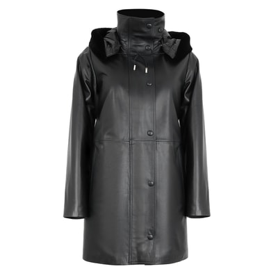 Biana Siyah Kadın Kapüşonlu Deri Kaban