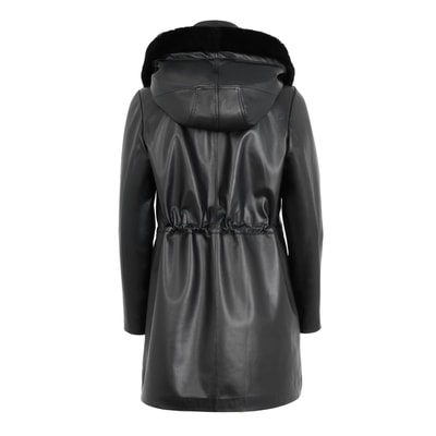 Biana Siyah Kadın Kapüşonlu Deri Kaban