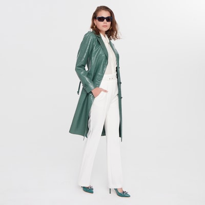 Briona Yeşil Kadın Kroko Baskılı Deri Trençkot