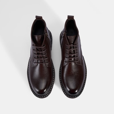 Erkek Kahve Bağcıklı Kalın Tabanlı Deri Postal Bot