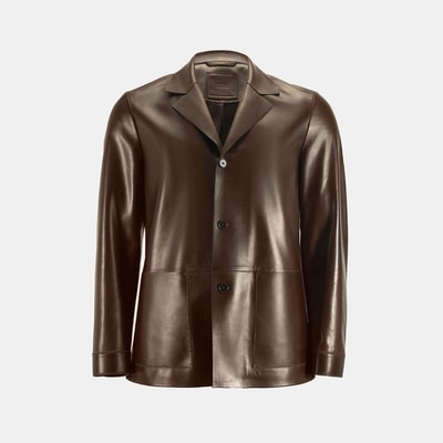 Erkek Kahve Gömlek Yaka Deri Blazer Ceket