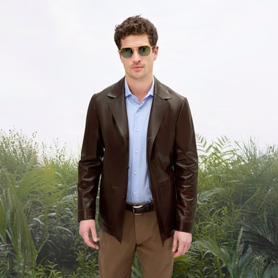 Erkek Kahve Gömlek Yaka Deri Blazer Ceket