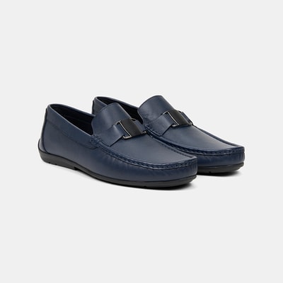 Erkek Lacivert Metal Detaylı Deri Loafer
