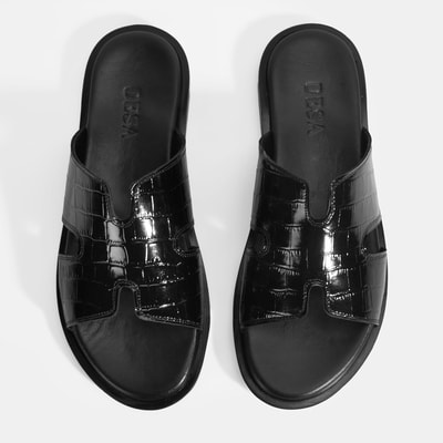 Erkek Siyah Kroko Desenli Deri Terlik