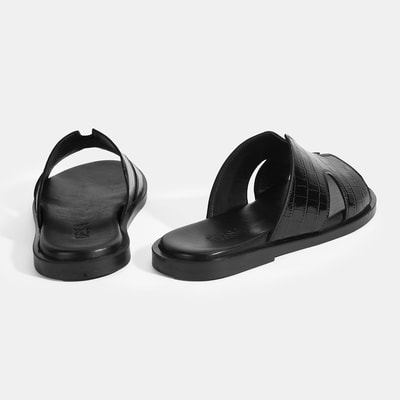 Erkek Siyah Kroko Desenli Deri Terlik