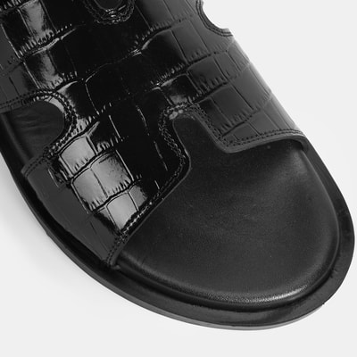 Erkek Siyah Kroko Desenli Deri Terlik