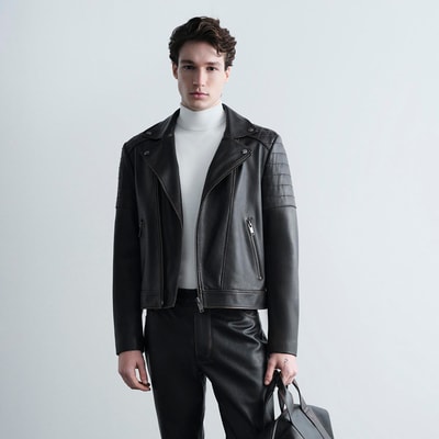 Erkek Siyah Vintage Deri Biker Ceket