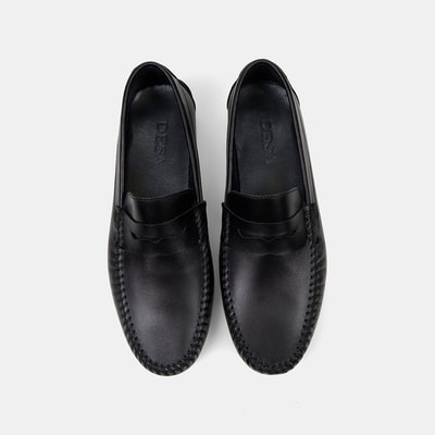 Erkek Siyah Yuvarlak Burun Deri Loafer 