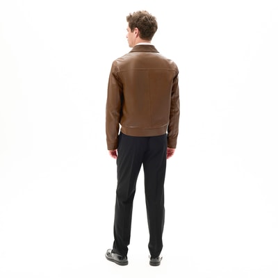 Erkek Taba Fermuarlı Gömlek Yaka Deri Ceket