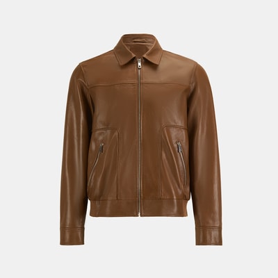 Erkek Taba Fermuarlı Gömlek Yaka Deri Ceket